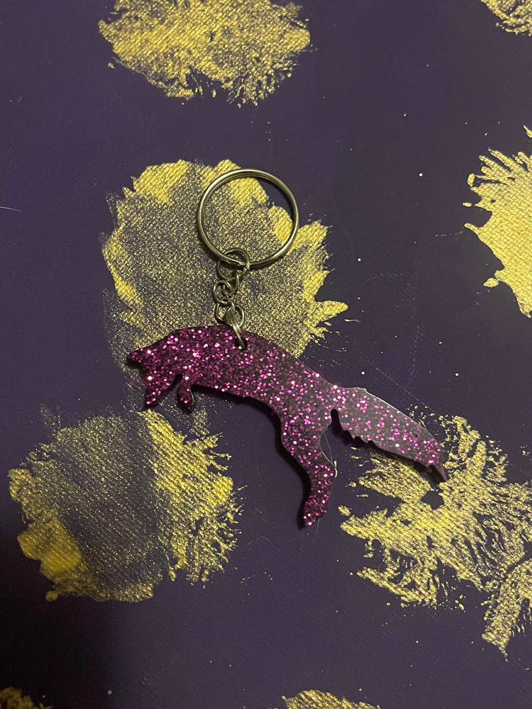 Purple Glitter Leaping Fox keychain